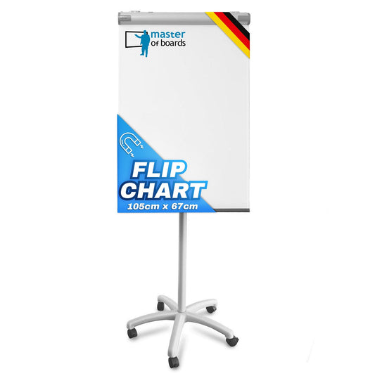 MOB Flipchart Ständer Whiteboard fahrbar mit Rollenfuss Ständer 67x105cm | Höhenverstellbar bis 210cm, Beschreibbar, Trocken abwischbar, magnetisch Flip Chart mit Magnettafel rollbar & Armen Piranha