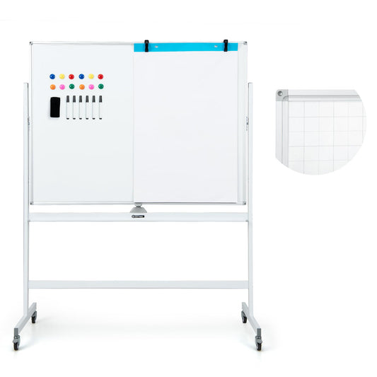 COSTWAY Doppelseitiges mobiles Whiteboard, 120 x 90 cm, Trocken abwischbares magnetisches Whiteboard mit Gittermuster, Rollen, Ständer und Stiftablage, inkl. Zubehör für Büro, Zuhause (Weiß)