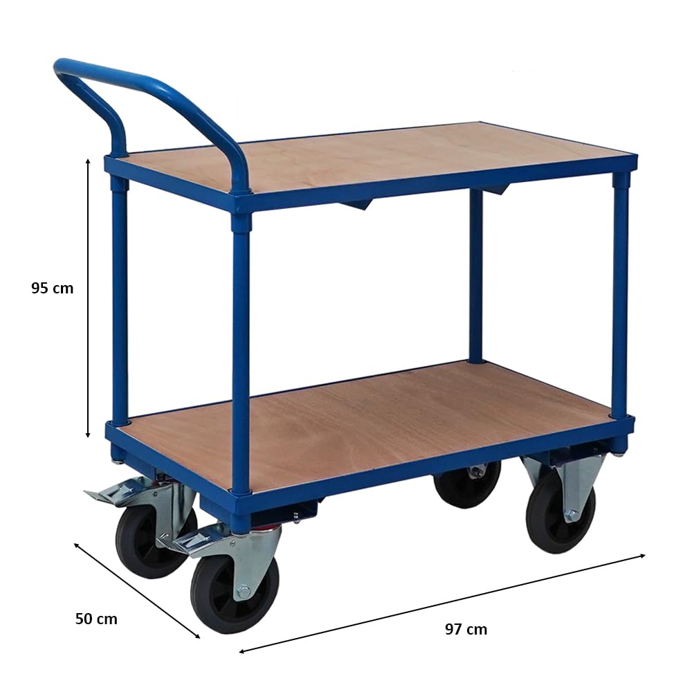 PROREGAL Tischwagen Transportwagen Handwagen Materialwagen Pro mit 2 Etagen | HxBxT 95x50x97cm | 2 Lenk- & Bockrollen | Traglast 400kg | Lichtblau