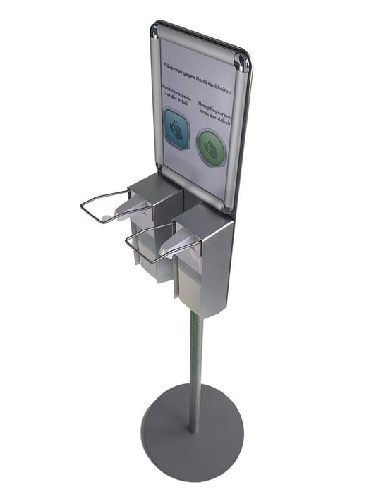 Mobile doppel Hygienestation HS-400 mit Schild für z.B Desinfektionsmittel und Handpflegeprodukte | 2x 500ml Behälter | Sockel Edelstahl verkleidet