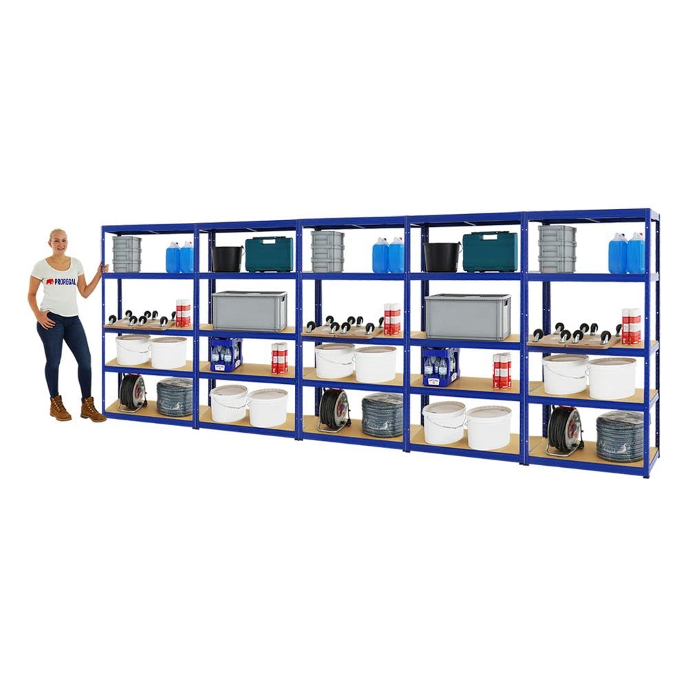 PROREGAL Mega Deal 5er-Set Schwerlastregale Slim Elephant 180x90x45cm mit 5 Ebenen Fachlast 350kg Blau