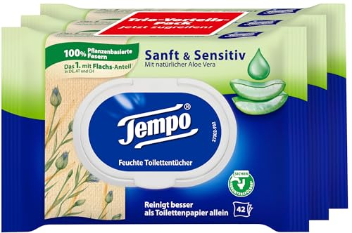 Tempo Toilettenpapier, feucht, sanftundsensitiv Trio-Pack (18 Packungen x je 42 Blatt), Großpackung, 1 kg