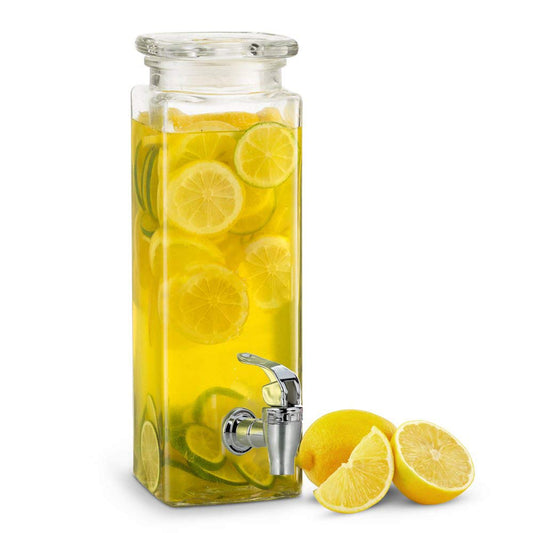 Mary´s Kitchen Tools Eckiger Getränkespender 2,5 Liter aus Glas | mit Zapfhahn | Retro Wasserspender | Limonadenspender | Saftspender |Bowle | Dispenser