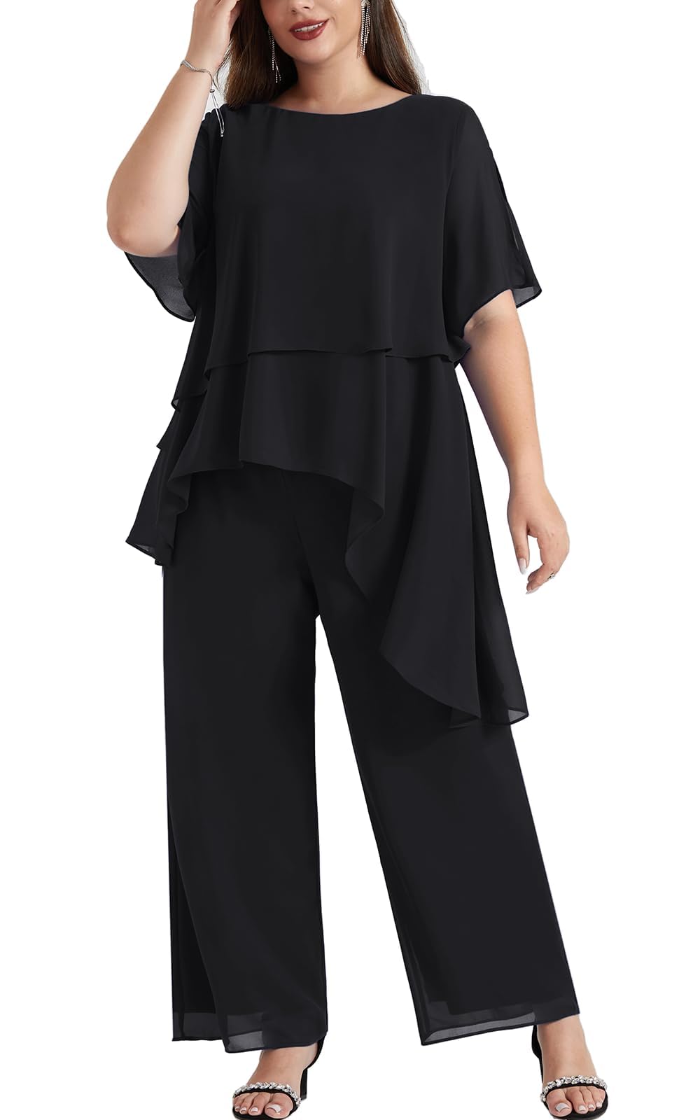 Hanna Nikole Damen Übergröße Chiffon Kurzärmel 2-Teiliges Set Kurzärmel Vorne Kurz Hinter Lang Rundhals Chiffon Hosenanzug Damen Elegant Sommer für Brautmutter Hosenanzug Black 46