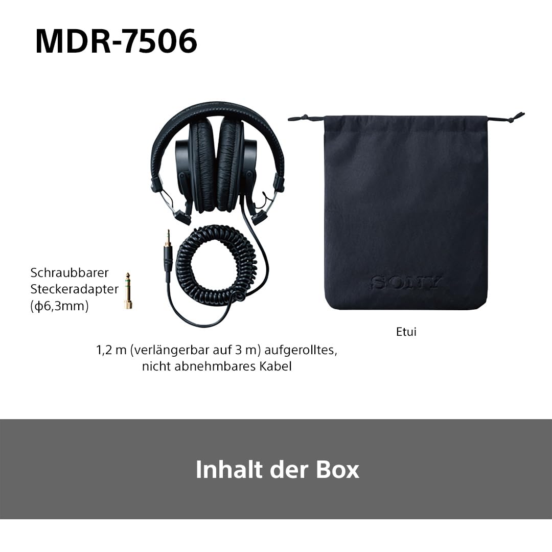 Sony MDR-7506 Studio-Monitor-Kopfhörer, geschlossen, kabelgebunden, 10 Hz-20 kHz, 63 Ohm, leichtes, faltbares Design (227 g), ideal für Studioaufnahmen und -abmischungen, inkl. Tasche, schwarz