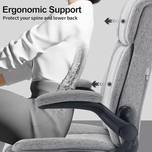 LIYURUI Bürostuhl Ergonomischer 150KG Belastbarkeit Chefsessel Stoff Flip-up Armlehnen/110° Schaukeln Chefsessel mit Hoher Rückenlehne und Breitem Sitz Schreibtischstuhl, Grau