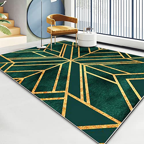 Großer weicher Teppich für Wohnzimmer, Schlafzimmer, Esszimmer oder Home Office, modernes Art-Deco-Design mit smaragdgrün-metallischer gelber Linie, 160 x 230 cm