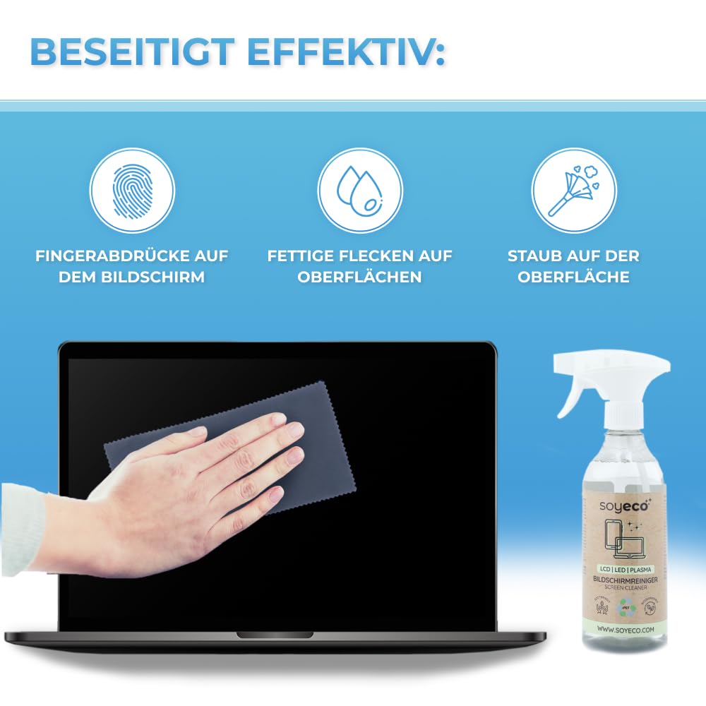 500ml Bildschirmreinigungsspray + 3X Mikrofasertuch: 40x40cm, 30x30cm, | Reinigungsflüssigkeit | Für Smartphone, Laptop, Tablet, TV, LCD/TFT, LED, OLED, Monitore, Uhren | Kein Verschmieren