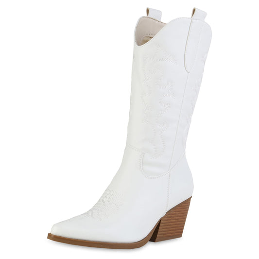 VAN HILL Damen Cowboystiefel Trichterabsatz Stickereien Trendy Schuhe 216057 Weiss 38