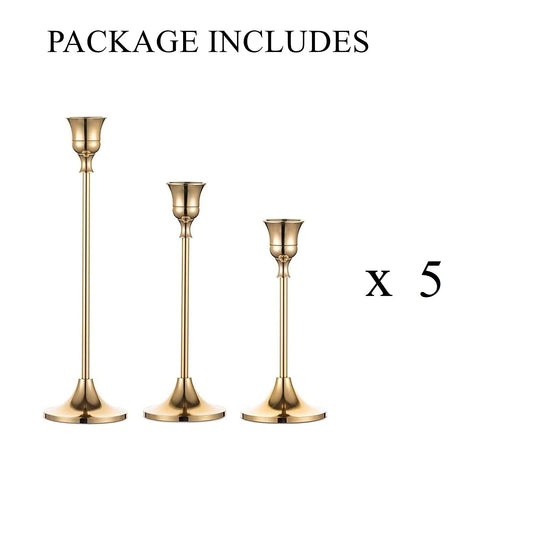 Romadedi kerzenständer Metall Gold 15er Set - Dekorativer Vintage Kerzenhalter in Unterschiedlicher Größe Kerzen Ständer für Stabkerze Spitzkerzen Hochzeit Party Weihnachten Tischdeko 15/19/24cm