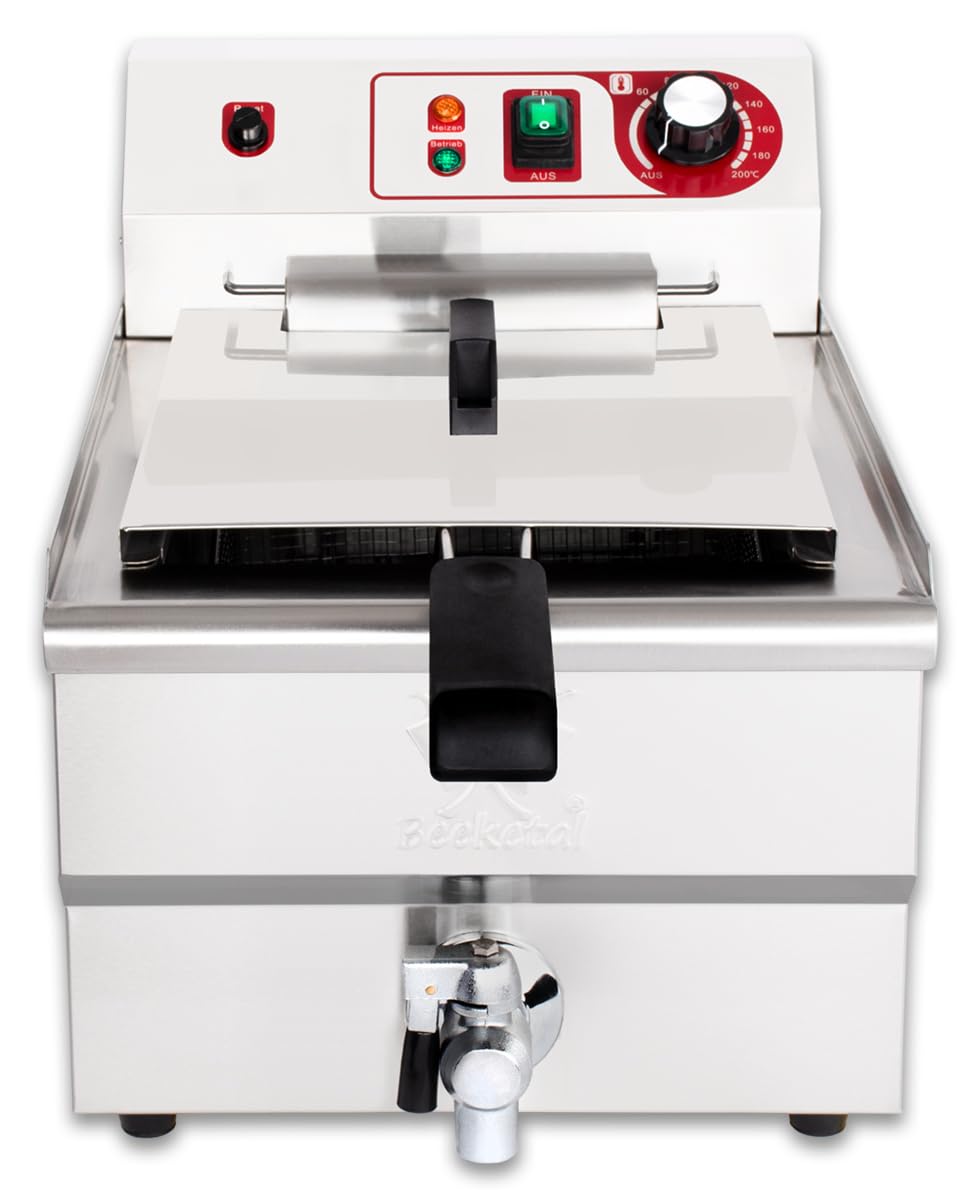 Beeketal BWF-161P Profi Kaltzonen-Fritteuse, 16L Edelstahl Gastro-Modell für Imbiss, mit 11L Ölmenge, Doppelheizung und Ablaufhahn