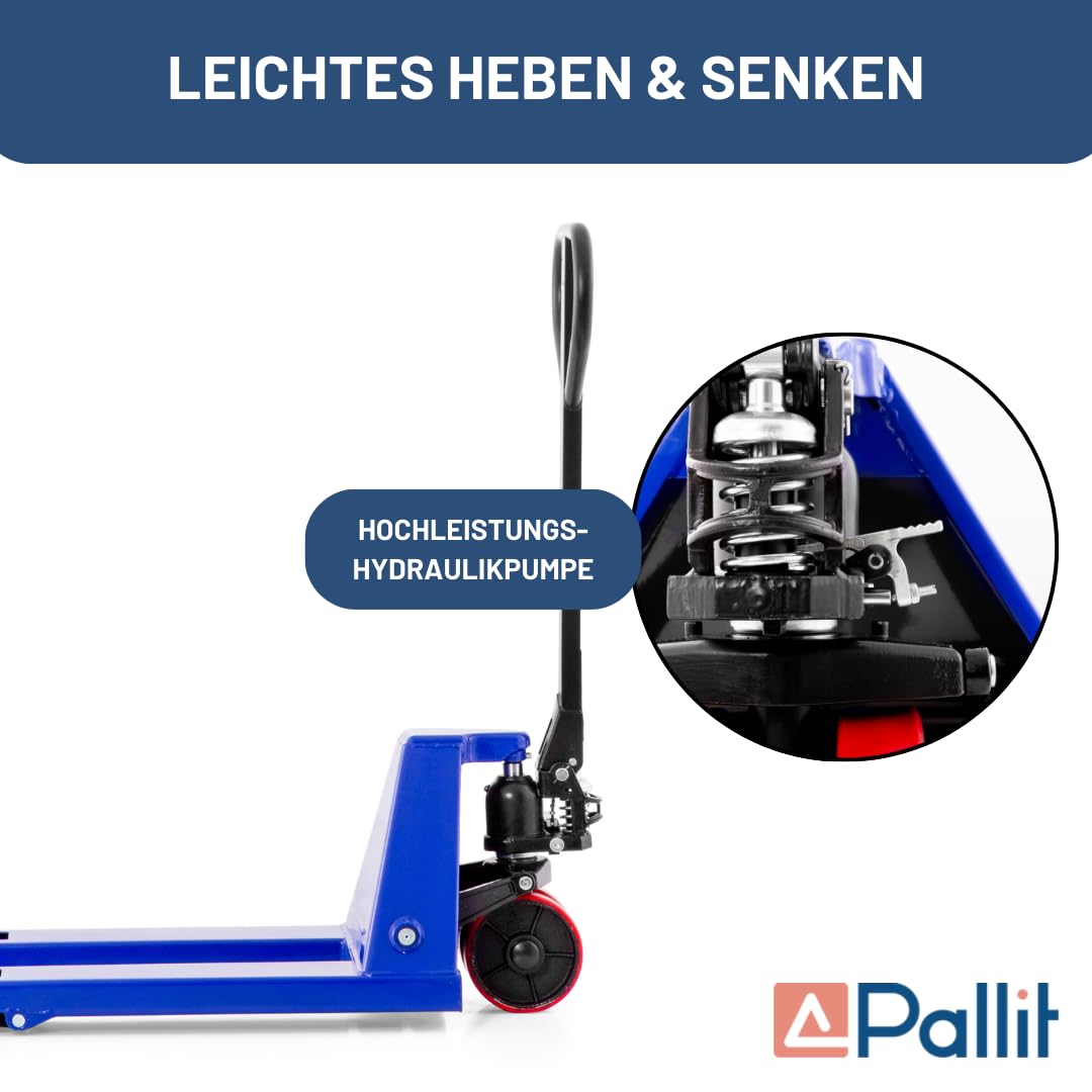 Pallit FIVE Hubwagen 2500 kg Palettenwagen 1150 mm Gabellänge Blau Robuster Gabelhubwagen mit PU Rollen Handhubwagen aus Stahl, langlebig