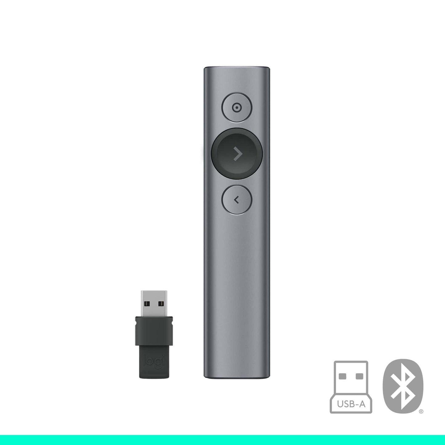 Logitech Spotlight Presenter, Bluetooth und 2.4 GHz Verbindung via USB-Empfänger, Digitaler Laserpointer, 30m Reichweite, Timer, Vibrationsalarm, PC/Mac/Android/iOS - Slate/Grau