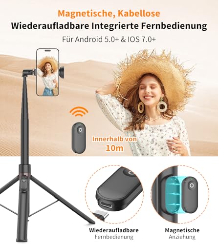 TONEOF 168cm Automatisches Selfie Stick Handy Stativ, Handykamera Halterung mit Magnetischer Wiedera