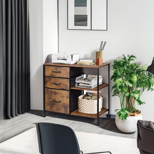 DEVAISE Rollcontainer, Aktenschrank mit 3 Stoffschubladen und 2 Offene Fächer, Büroschrank für Home-Office, Druckerständer, Vintagebraun