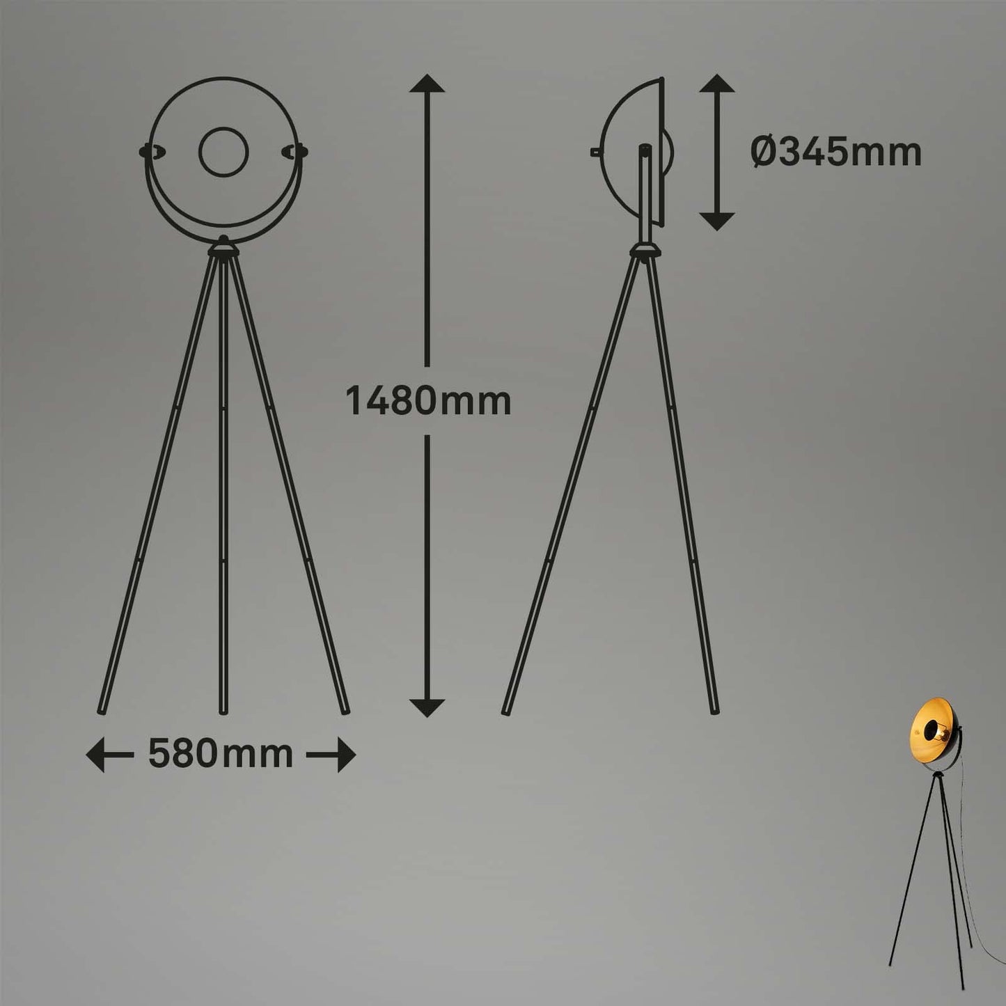 BRILONER - Stehlampe Retro mit Fußtaster, schwenkbar, E27 Fassung max. 60 Watt, Deko Wohnzimmer, Lampe, Leselampe, Wohnzimmerlampe, Deckenfluter, Stehleuchte Vintage, 58x34,5x148 cm, Schwarz-Gold