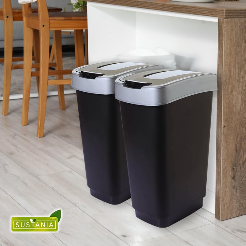 SUSTANIA Duo Mülleimer Küche 2 Fächer 50L - Geruchsdicht Doppel Abfalleimer mit Schwingdeckel 2x50 Liter Groß, 60x45x34 cm, Robust Recycelbarer Kunststoff, Schwarz/Silber, Made in EU