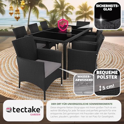tectake® edles Outdoor Gartenmöbel Set Rattan Sitzgruppe mit Sessel und Tisch für 8 Personen, inkl. Schutzhülle und Polstern, Balkon Möbel wetterfest - schwarz/grau