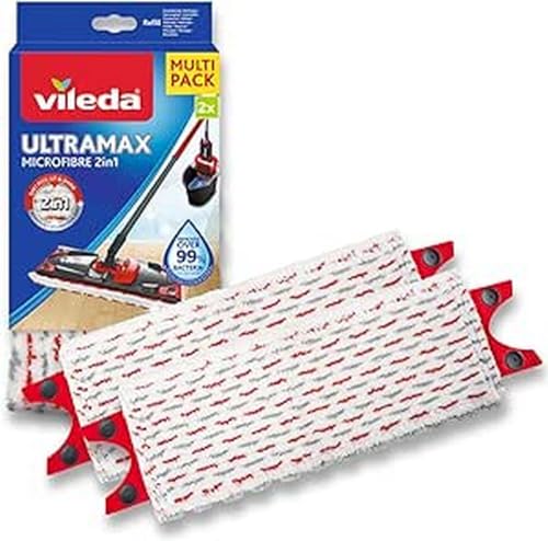 „Vileda Ultramax Power Wischer Nachfüllpack – 2er Set Mikrofaser-Ersatzbezüge mit PowerZone in Weiß und Rot“