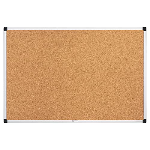 Amazon Basics Notizbrett aus Kork, Rechteckig Aluminumrahmen, 90 x 60 cm, silber