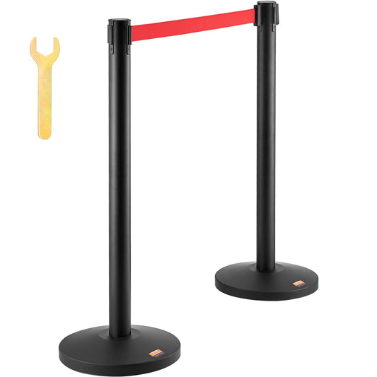 VEVOR Personenleitsystem-Absperrband Schwarzer Absperrständer 2-teilig, 3,3 m x 48 mm Einziehbarer Roter Gürtel, Kohlenstoffstahl Personenleitsystem Absperrpfosten für Flughäfen, Einkaufszentrum