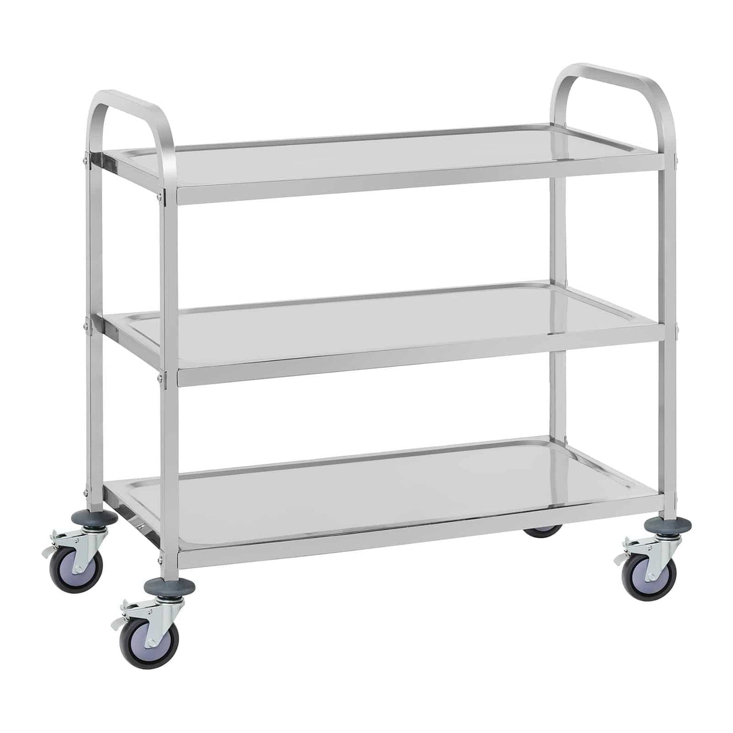 Royal Catering RCSW 3A Servierwagen Küchenwagen (3 Etagen, Tragfähigkeit 150 kg, Tablettabstand 28,3 cm, Rammschutz, vibrationsarme Schwenkrollen) Edelstahl