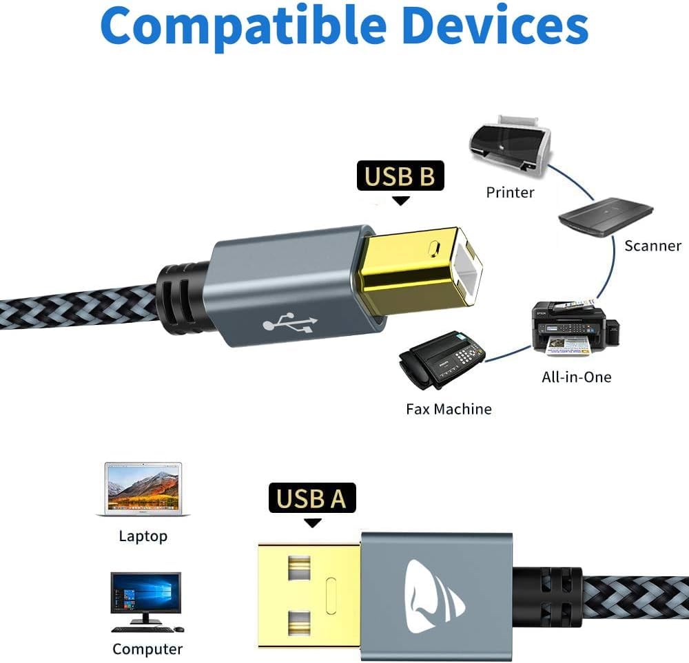 USB Druckerkabel, Scannerkabel 2.0 Kable【3M】 USB A auf USB B Drucker Kabel PC Printer Cable Kompatibel für HP, Dell, Canon, Lexmark, Xerox, Brother, Samsung usw