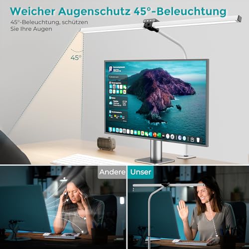 vatato Doppelkopf Schreibtischlampe LED, Dimmbar 24W 80CM Schreibtischlampe für Homeoffice, klemmbar Augenschutz Tageslichtlampe mit Fernbedienungen, 5 Farb 5 Helligkeit Büro Tischlampe (weiß)