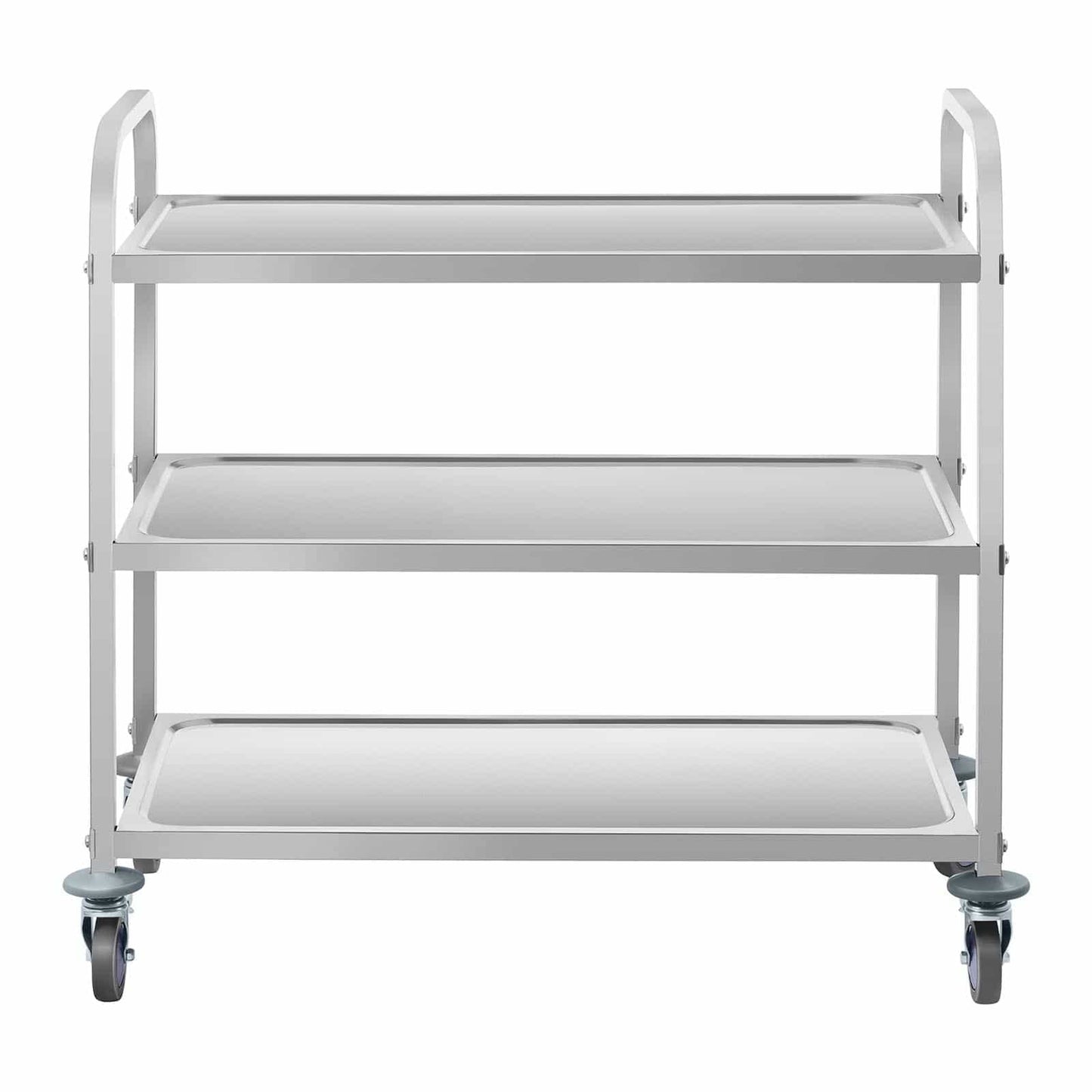 Royal Catering RCSW 3A Servierwagen Küchenwagen (3 Etagen, Tragfähigkeit 150 kg, Tablettabstand 28,3 cm, Rammschutz, vibrationsarme Schwenkrollen) Edelstahl