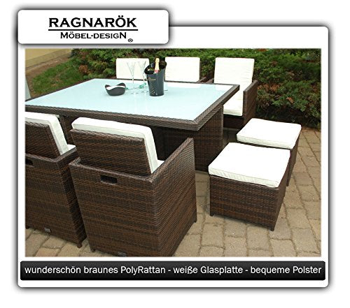 Ragnarök-Möbeldesign PolyRattan Essgruppe DEUTSCHE Marke - EIGNENE Produktion Tisch + 6 Stuhl & 4 Hocker - 8 Jahre GARANTIE - Garten Möbel incl. Glas und Sitzkissen braun Gartenmöbel