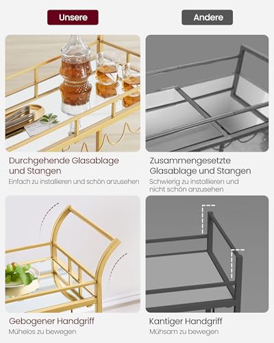 VASAGLE Servierwagen, Rollwagen, Gläserhalter, 2 verspiegelte Glasablagen, Barwagen, Weinwagen, für Küche, Esszimmer, Bar, goldfarben LRC090A03