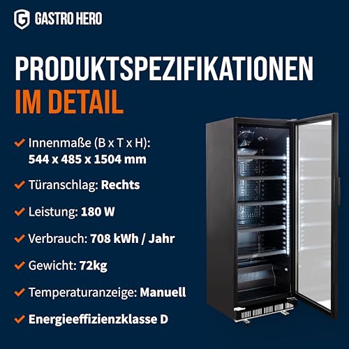 GastroHero Getränkekühlschrank GK-360BB für die Gastronomie, 4 verstellbare Einlegeböden, 360 Liter Kühlraumvolumen, Kühlschrank mit Glastür, Innenbeleuchtung, Abschließbar, Gastronomiebedarf, Schwarz