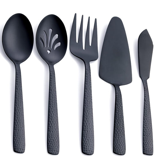 Matt-schwarzes großes Servierbesteck-Set, FULLYWARE Edelstahl großes Hostess-Servierset, inklusive Servierlöffel, geschlitztem Servierlöffel, Serviergabel, Kuchenschaufel und Buttermesser, 5-teilig