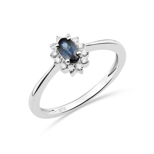 MIORE Schmuck Damen 0.07 Ct Diamant Blume Verlobungsring mit Edelstein Geburtsstein natürlicher ovaler blauer Saphir umgeben von 12 Diamanten Brillanten klassischer Ring aus Weißgold 9 Karat 375 Gold