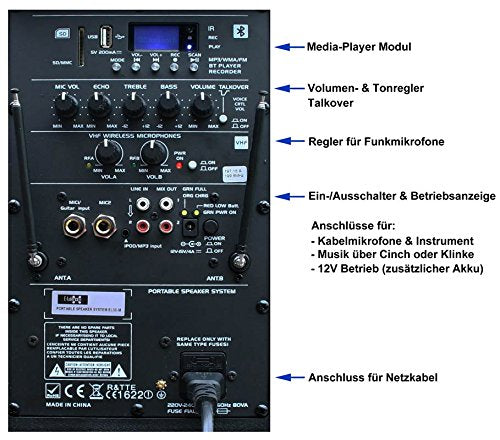 Mobile PA Sound Anlage Akku-MP3-USB-SD inkl. Funkmikrofone 700W Soundsystem E-Lektron EL30-M Bluetooth TWS