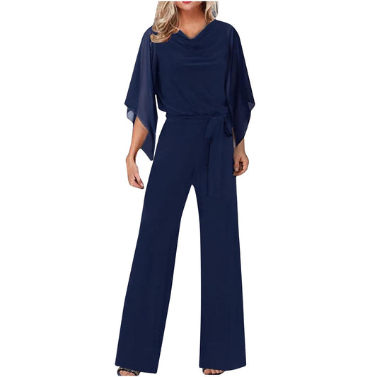 EMATOP Jumpsuit Damen Elegant für Hochzeit Hosenanzug Sommer Lang Overall Einteiler Lässiger Hosenanzug 3/4 Ärmel Einfarbig Playsuit Hohe Taille Strampler Spielanzug Festlich Party Romper