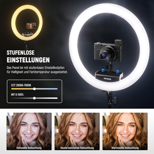 NEEWER Professionelles Ringlicht mit Ständer und Telefonhalter, 18" dünn, 45W 2900K-7000K TLCI98, Fernauslöser und App Steuerung, weichere Beleuchtung für Make up Live Stream TikTok, RP18B Pro Weiß