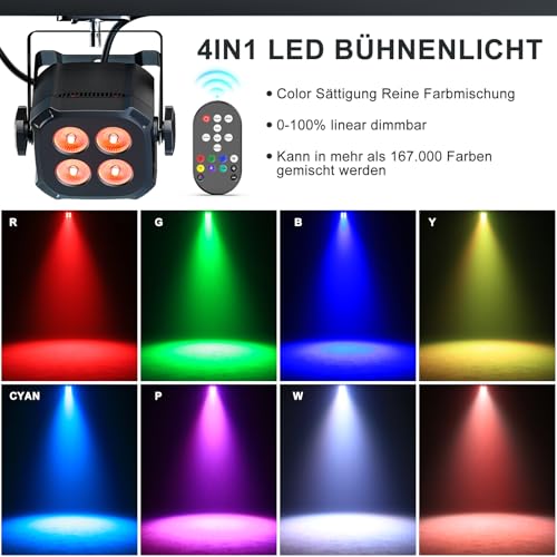 Rtktoup 2PCS RGBW LED Par Scheinwerfer, 40W LED Bühnenlicht DMX 4/8CH mit Fernbedienung Par Strahler, Discolicht Partylicht für DJ Bühne Bar Party Hochzeit Haloween Weihnachten