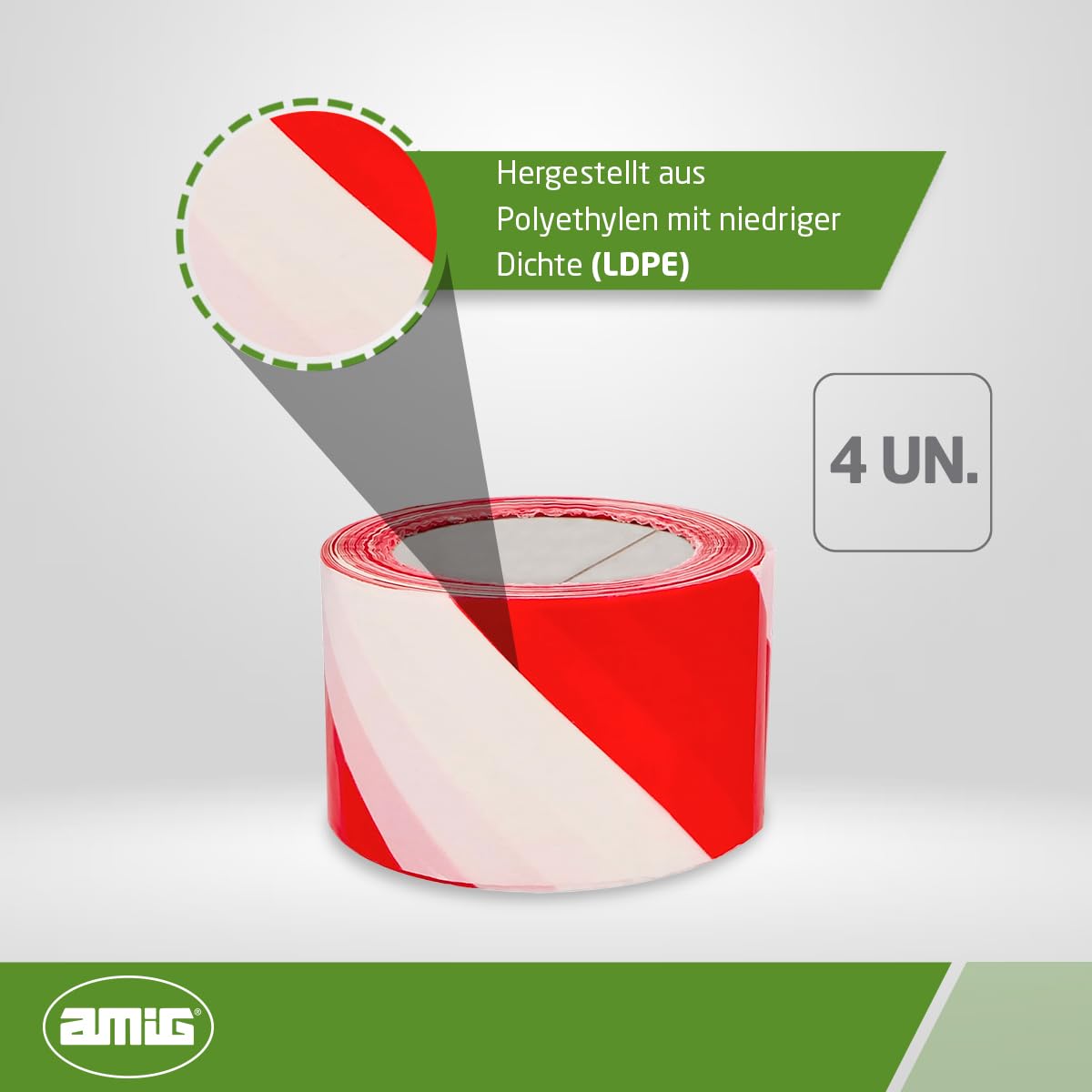 Amig - 4-er Set Absperrband | Hergestellt aus Niederdruck-Polyethylen LDPE | Maße: 200 m Länge x 70 mm Breite | Signalband zur Abgrenzung von Sicherheitsbereichen | Farbe: Rot und Weiß