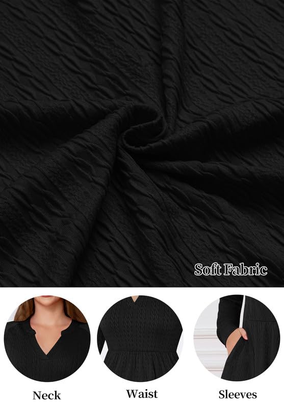 Ritiriko Damen Strickkleid Langarm V-Ausschnitt Pulloverkleid Elegant Knielang Herbstkleid Casual Gestrickt Kleid Herbst Winter A Linien mit Taschen Schwarz S