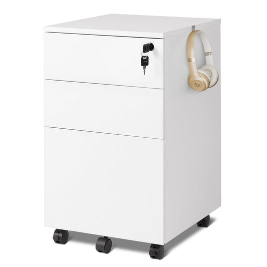 DEVAISE Rollcontainer, Aktenschrank Abschließbar mit 3 Schubladen, Büroschrank für A4/Legal/Letter, Kratzfest, Wasserdicht, für Home-Office, Weiß