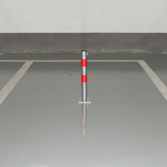 RMAN Parkpfosten Absperrpfosten Klappbar 60cm Parkplatzsperre mit 5 Schlüssel Stahl ParkWatch Parkplatz-Barriere Reflexstreifen Robust Standfuß Sperrpfosten (Silber-Grau-Rot)