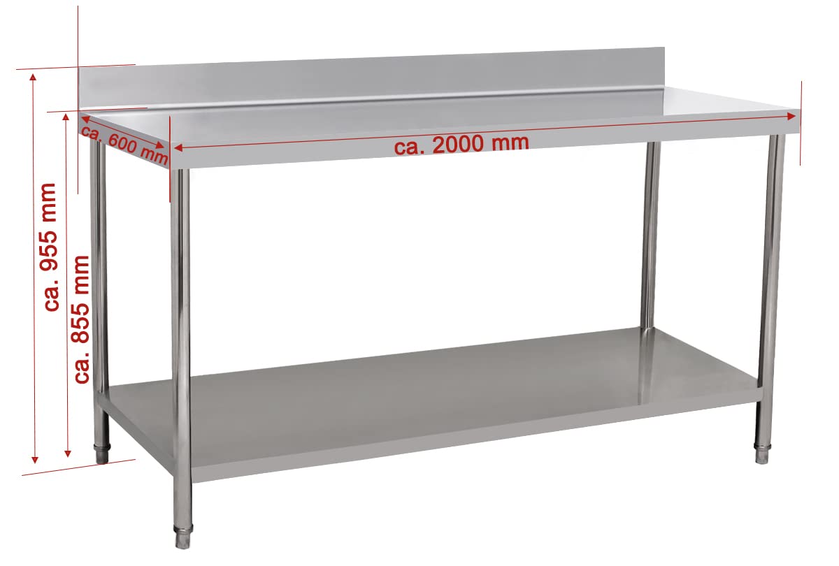 Edelstahl Gastronomie-Arbeitstisch Beeketal BA200a – 200 x 60 cm mit Aufkantung
