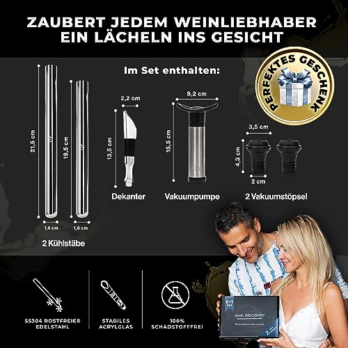 One Decision deluxe Weinkühlstab 6in1 Set | inkl 2 Längen Edelstahl | Weinkühler Stab+Vakuumpumpe+Ausgießer | Geschenkideen Frauen, Geschenke Männer
