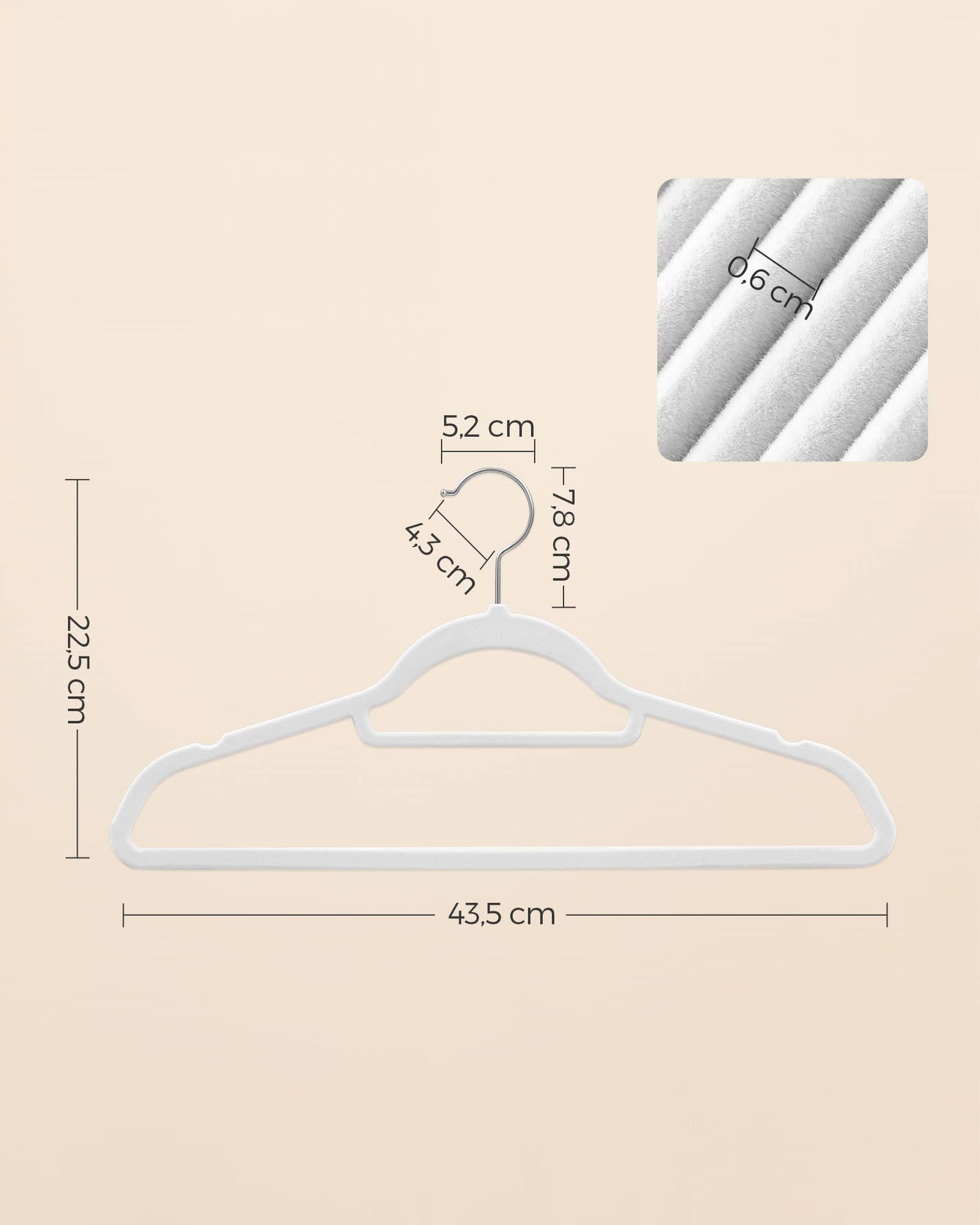 SONGMICS Kleiderbügel Samt, 50er Set, Bügel, rutschfest, kleine Stange für Krawatten, 360° drehbarer Haken, 0,6 cm dick, platzsparend, 43,5 cm lang, für Mäntel, Hosen, Silber-Weiß CRF020W02