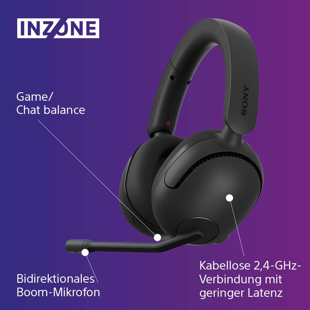 Sony INZONE H5 - Wireless Gaming Headset, 360 Spatial Sound für Gaming, komfortabler Sitz, 28 Std. Akkulaufzeit, geringe Latenz, Mikrofon mit AI, PC & PS5 kompatibel - Schwarz