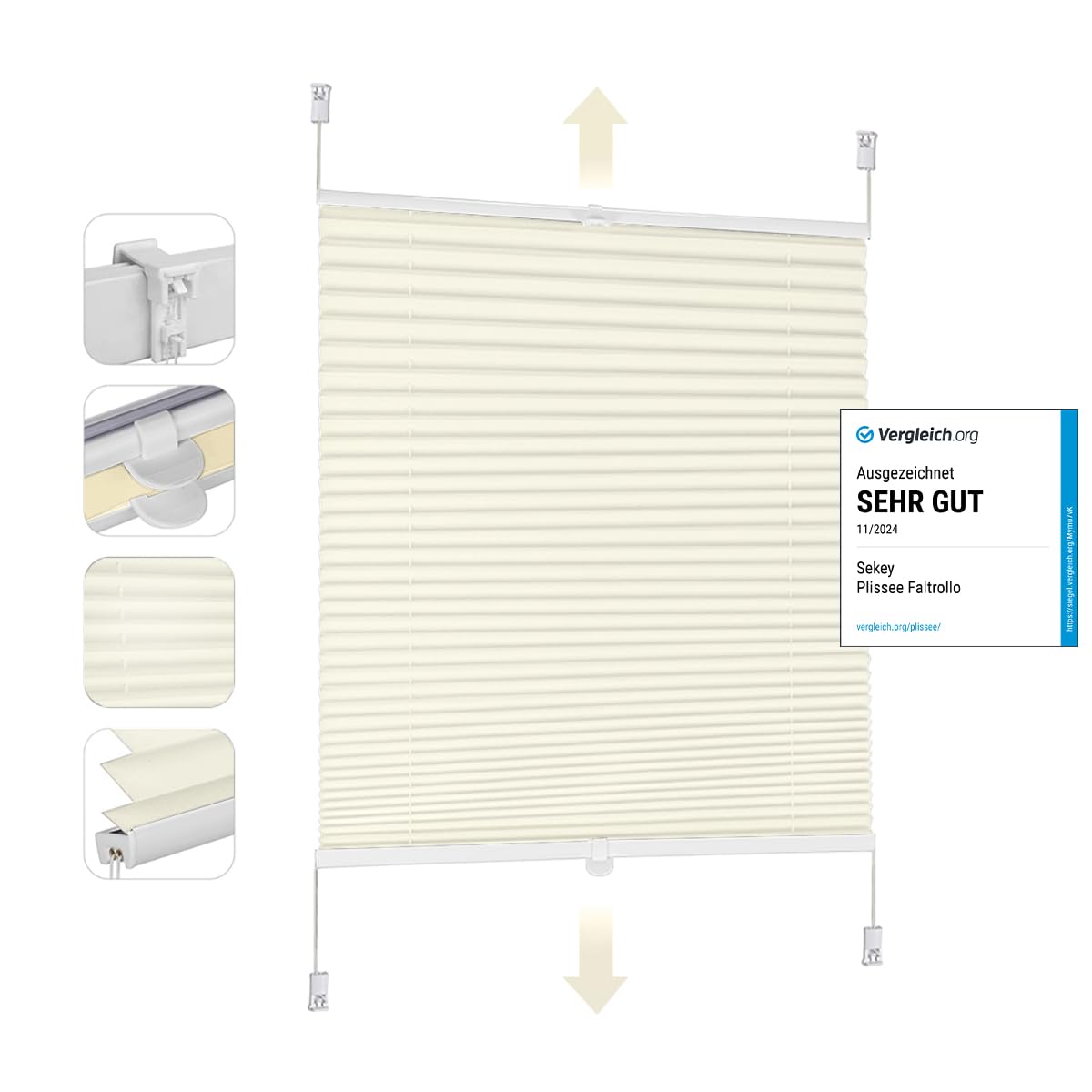 Sekey Plissee Klemmfix ohne Bohren 75x100cm Faltrollo Plisseerollo Jalousie für Tür & Fenster Blickdicht Sichtschutz Sonnenschutz Fertifplissee Rollo 75 cm breit Beige