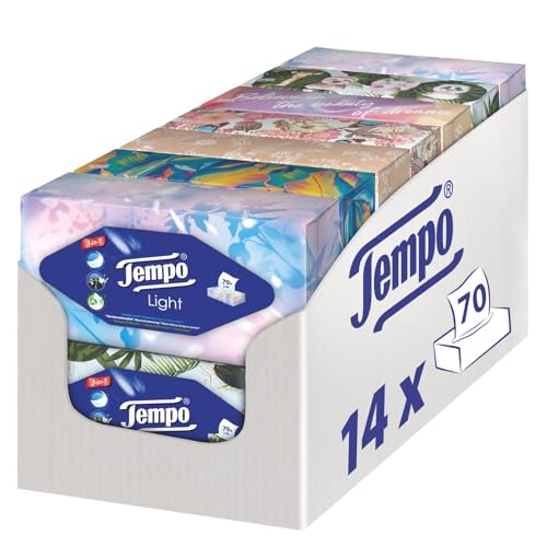 Tempo Light Box Taschentücher - Megapack - 14 Boxen, 70 Tücher pro Box - weiche Papiertaschentücher, waschmaschinenfest