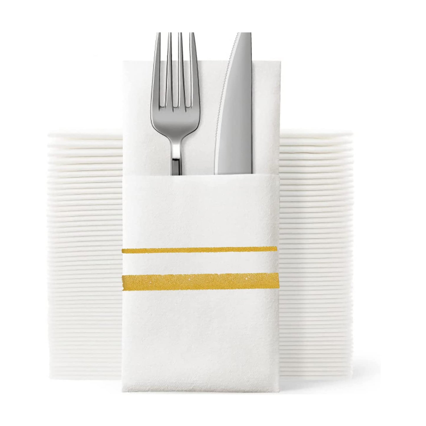 SUZZYVINE Goldene Einweg-Servietten mit integrierter Bestecktasche, Stoffähnliche Lunch-Servietten für Hochzeit, Party, Leinen-Gefühl, 50 Stück, 40,6 x 40,6 cm