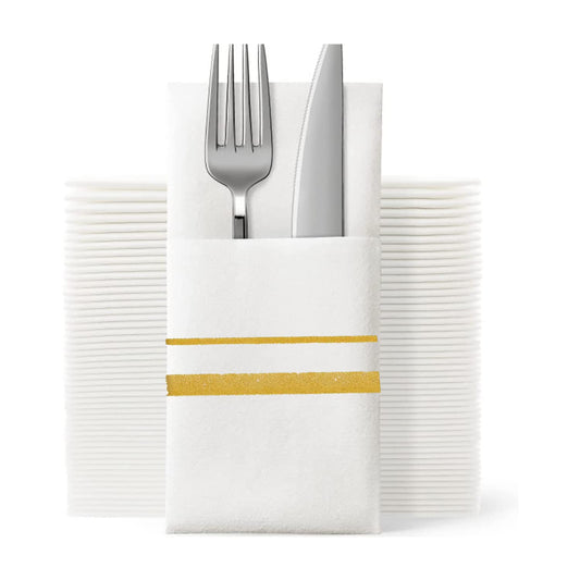 SUZZYVINE Goldene Einweg-Servietten mit integrierter Bestecktasche, Stoffähnliche Lunch-Servietten für Hochzeit, Party, Leinen-Gefühl, 50 Stück, 40,6 x 40,6 cm